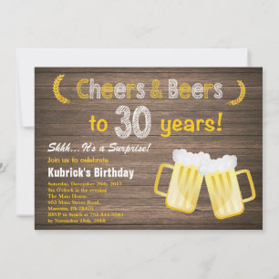 Invitation Rustic Surprise Cheers and Beers 30e anniversaire