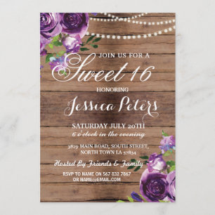 Invitation Rustic Sweet 16 Party Floral Bois violet Invitatio