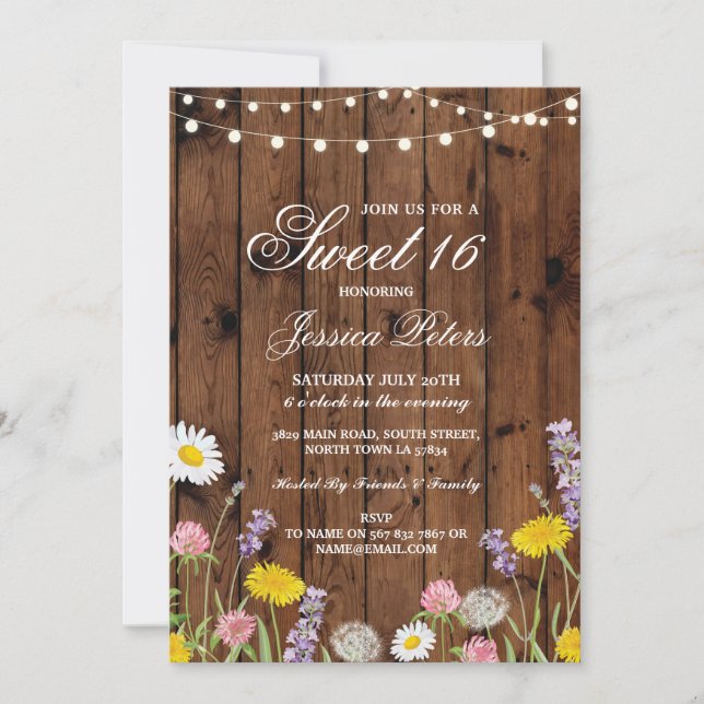 Invitation Rustic Sweet 16 Party Floral Fleurs sauvages Invit (Devant)