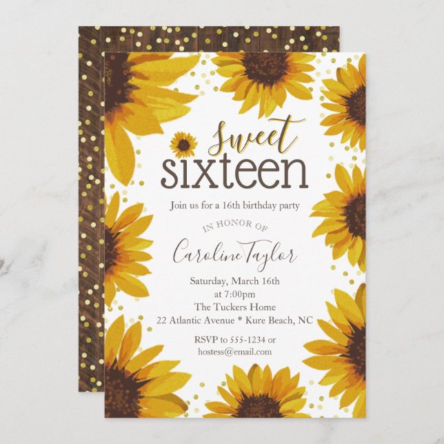 Invitation Rustic Sweet 16 Sunflower (Devant / Derrière)