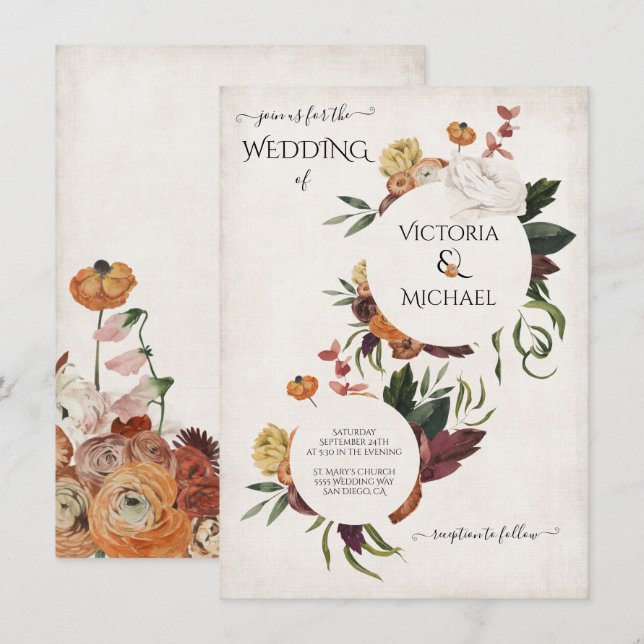 Invitation  Rustic Terracotta Boho Floral Wreaths Wedding (Devant / Derrière)