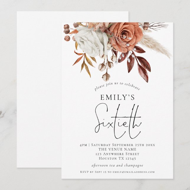 Invitation Rustic Terracotta Florals Soixantième anniversaire (Devant / Derrière)