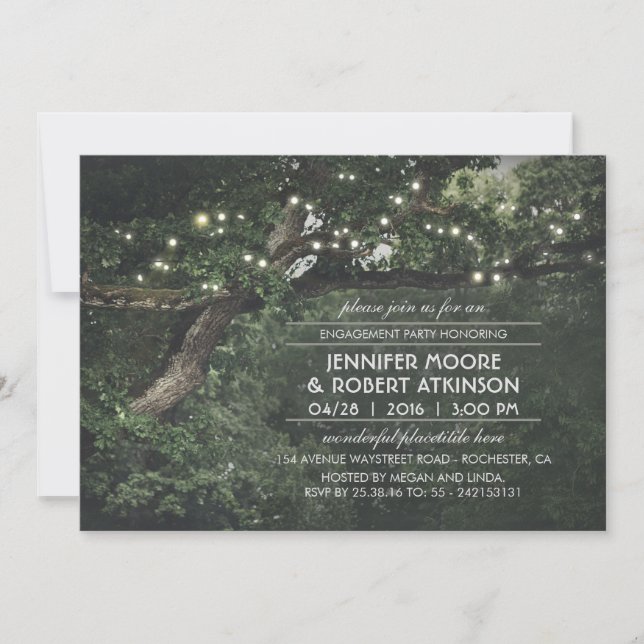 Invitation Rustic Tree String Lights Forest Engagement Party (Devant)