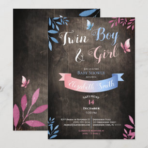 Invitation Rustic Twin Boy and Girl water color baby shower
