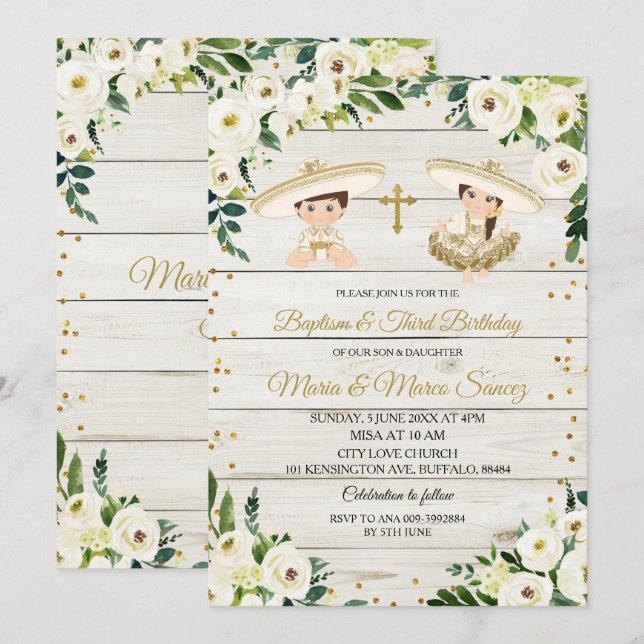 Invitation Rustic Twin Mexicain Baptême & Troisième Anniversa (Devant / Derrière)