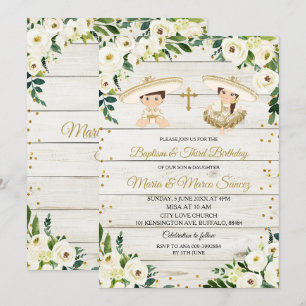 Invitation Rustic Twin Mexicain Baptême & Troisième Anniversa