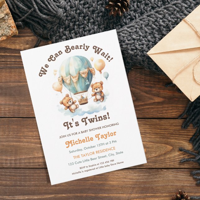 Invitation Rustic Twins baby shower Oears Bearly Wait (Créateur téléchargé)