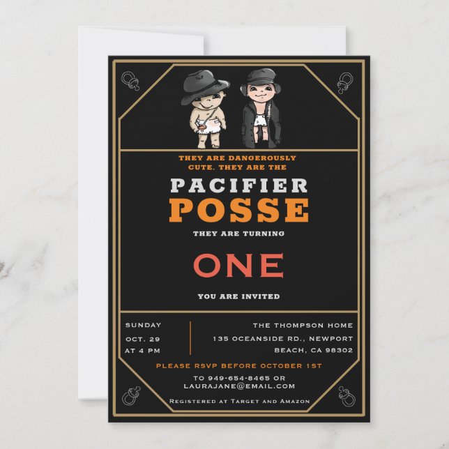 Invitation Rustic Twins Pacifier Posse Wild West Anniversaire (Devant)