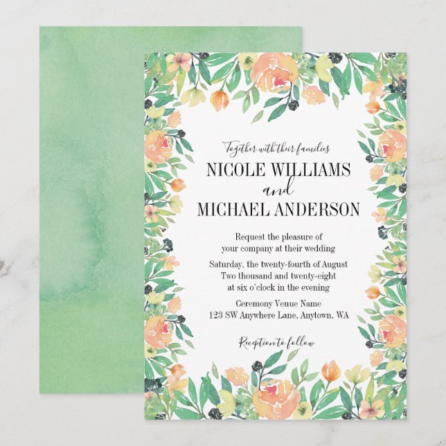 Invitation RUSTIC Vert aquarelle rose pivoine Fleurs MARIAGE (Devant / Derrière)