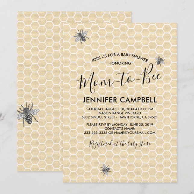 Invitation Rustic Vintage Maman à Bee Baby shower (Devant / Derrière)