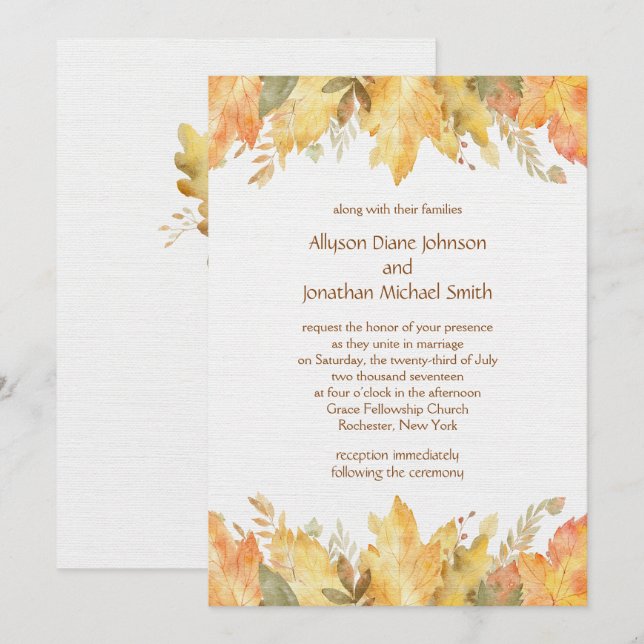 Invitation Rustic Watercolor Automne quitte Mariage | (Devant / Derrière)