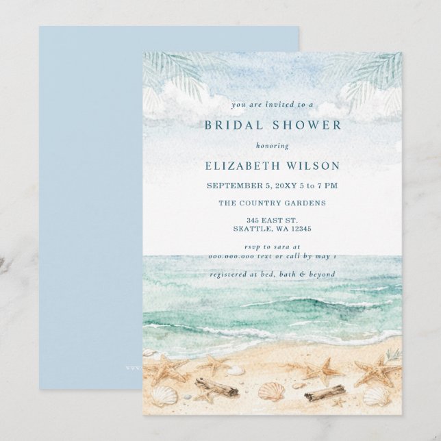 Invitation Rustic Watercolor Beach Bridal Shower (Devant / Derrière)