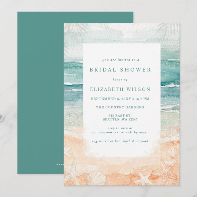 Invitation Rustic Watercolor Beach Bridal Shower (Devant / Derrière)