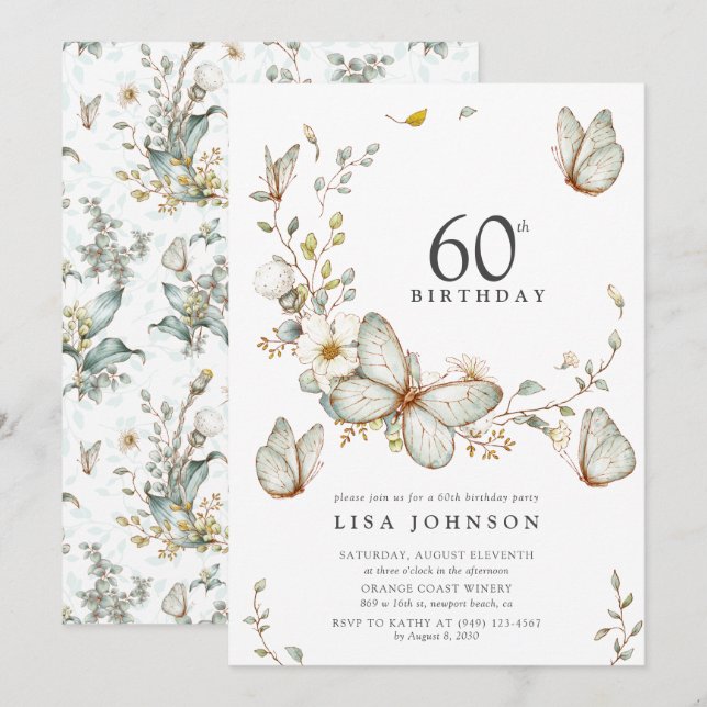 Invitation Rustic Watercolor Butterfly 60e fête d'anniversair (Devant / Derrière)