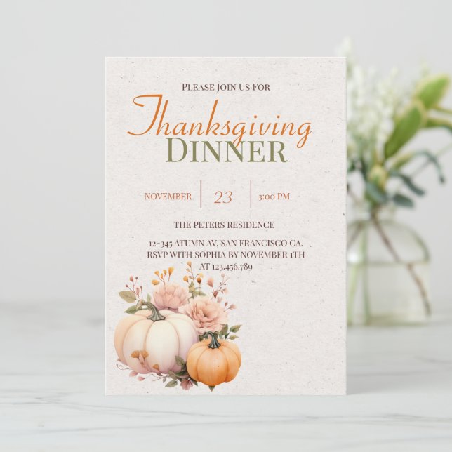 Invitation Rustic Watercolor Citrouille Thanksgiving Invitati (Debout devant)