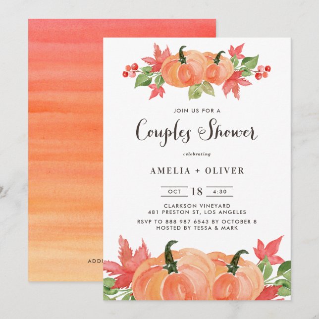 Invitation Rustic Watercolor Citrouilles Automne Couples Douc (Devant / Derrière)