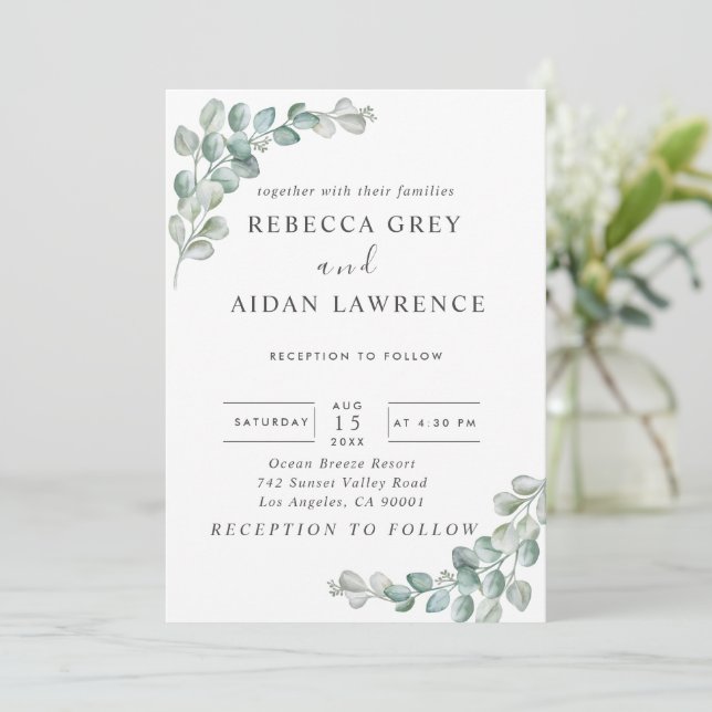 Invitation Rustic Watercolor Eucalyptus Greenery Wedding (Debout devant)