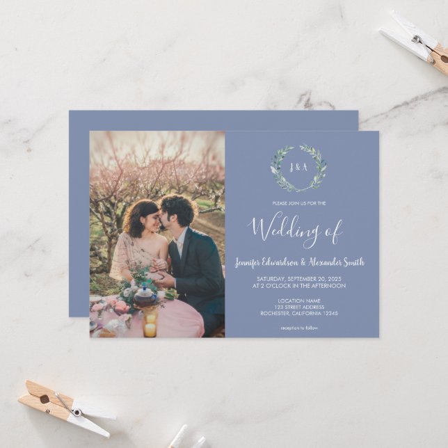 Invitation Rustic watercolor leaves monogram photo Wedding (Devant/Arrière en situation)