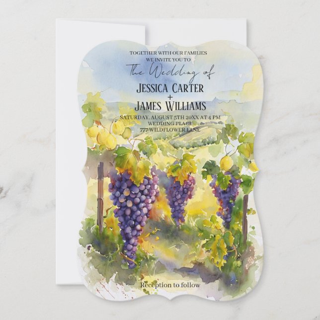 Invitation Rustic Watercolor Lemons Grapes Vineyard Wedding (Devant)