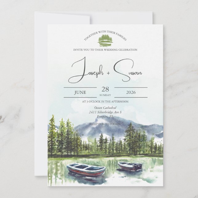 Invitation Rustic Watercolor Mountain Lake Mariage vert (Devant)
