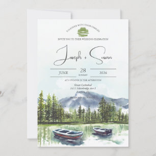 Invitation Rustic Watercolor Mountain Lake Mariage vert