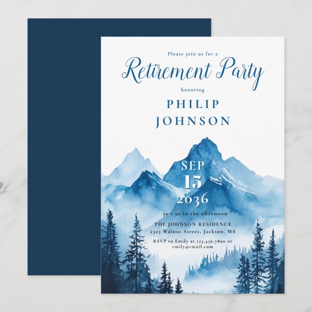 Invitation Rustic Watercolor Mountain Retirement Party (Devant / Derrière)