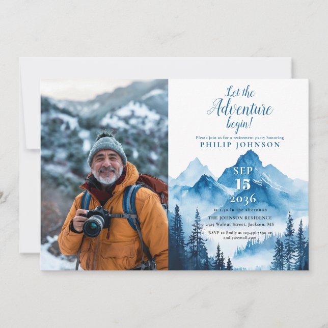 Invitation Rustic Watercolor Mountain Retraite Party Photo (Devant)