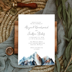 Invitation Rustic Watercolor Mountains Blue Grey Rust Mariage