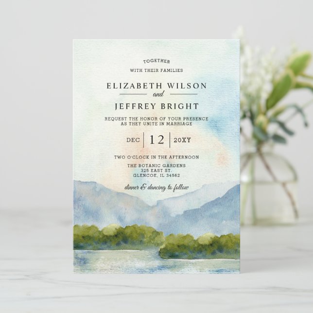Invitation Rustic Watercolor Mountains Mariage d'hiver (Debout devant)