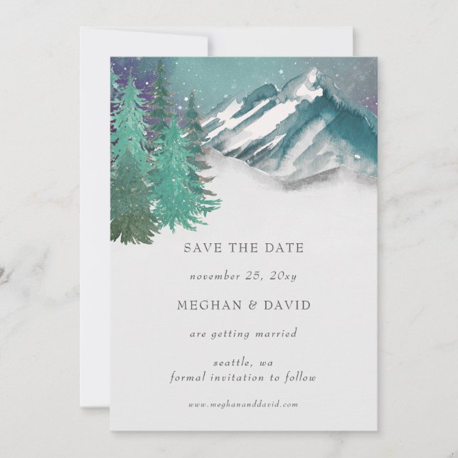 Invitation Rustic Watercolor Mountains Pine Enregistrer La Da (Devant)