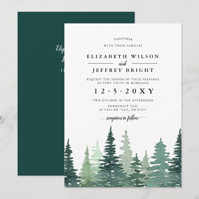 Invitation Rustic Watercolor Pine Forest Mariage d'hiver Inv (Devant / Derrière)