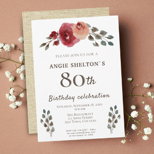 Invitation Rustic Watercolor Roses Floral 80e fête d'annivers