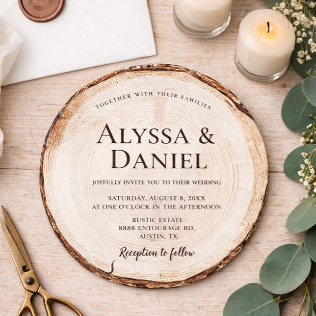 Invitation Rustic Wedding Wood Cut Grain Custom (Rustic Wedding, unique round woodland tree bark invitation.)