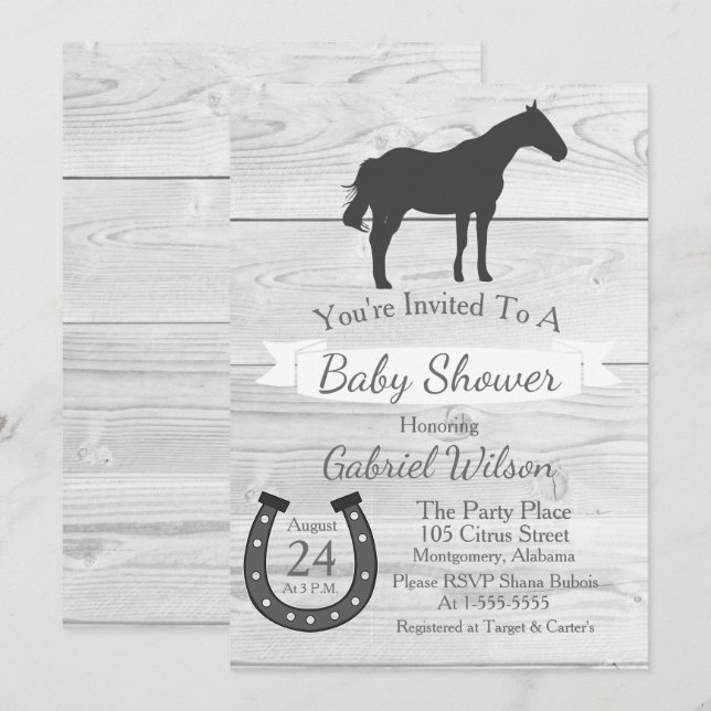 Invitation Rustic Western Ranch Grey Horse & Horseshoe (Devant / Derrière)