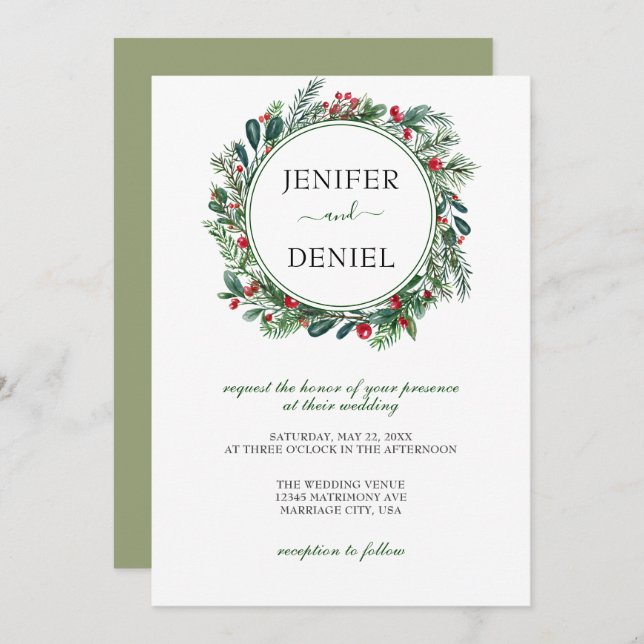 Invitation Rustic Winter Berry Pine Mariage de verdure (Devant / Derrière)