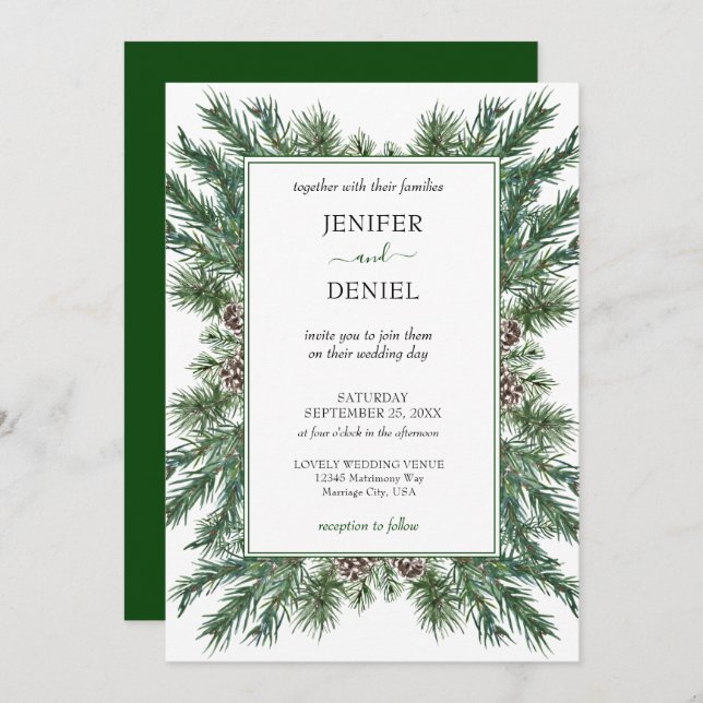 Invitation Rustic Winter Berry Pine Mariage de verdure (Devant / Derrière)