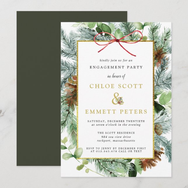 Invitation Rustic Winter Botanical Pine Engagement (Devant / Derrière)