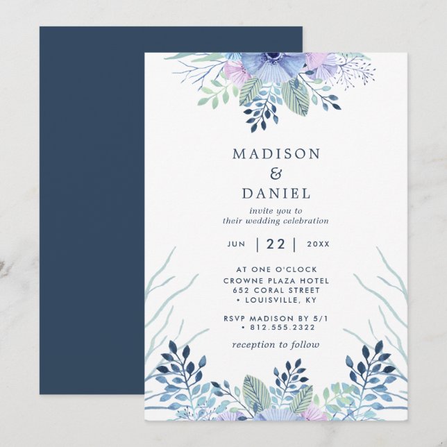 Invitation Rustic Winter Floral Navy Mariage d'aquarelle bleu (Devant / Derrière)