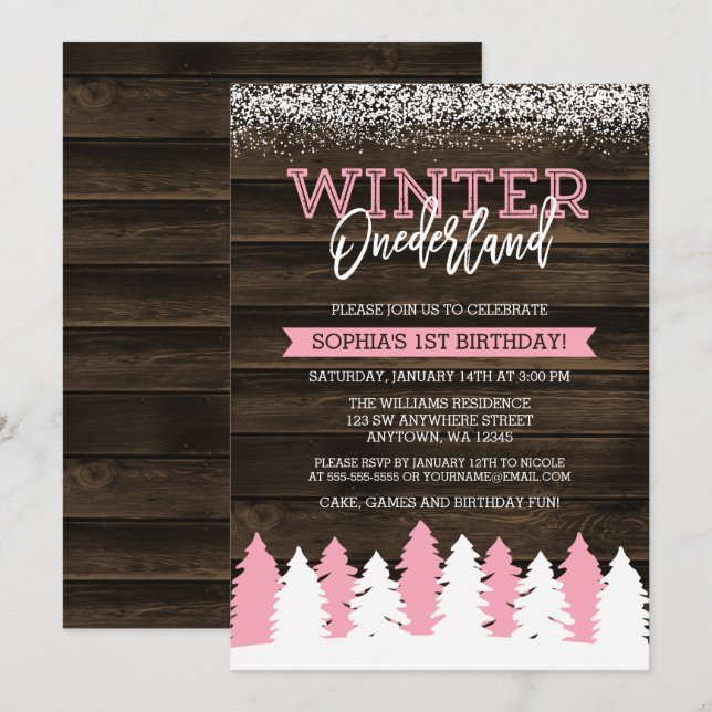 Invitation Rustic Winter Onederland rose 1er anniversaire Inv (Devant / Derrière)