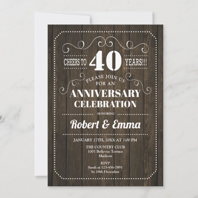 Invitation Rustic Wood 40e fête d'anniversaire du Mariage (Devant)