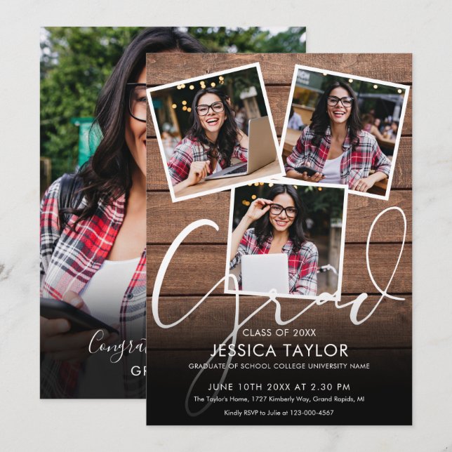 Invitation Rustic Wood 4 Photo Collage Graduation Party (Devant / Derrière)