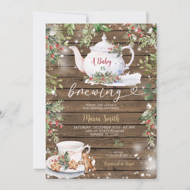 Invitation Rustic Wood Baby est en train de brasser Noël Tea  (Devant)