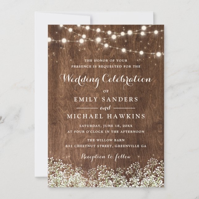 Invitation Rustic Wood Baby's Breath String Mariage (Devant)
