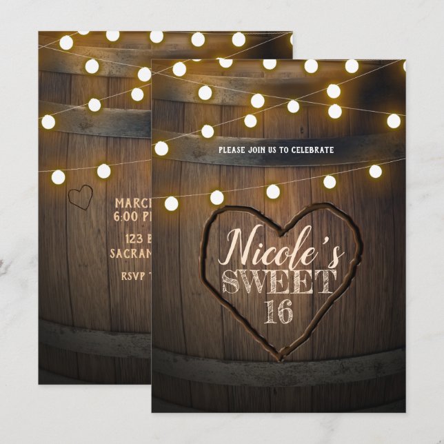 Invitation Rustic Wood Barrel Coeurs et lumières Fête d'anniv (Devant / Derrière)