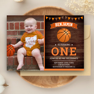 Invitation Rustic Wood Basketball Premier anniversaire de fêt