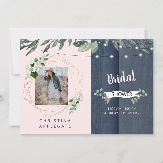 Invitation Rustic Wood Blush & Navy Fête des mariées photo (Devant)