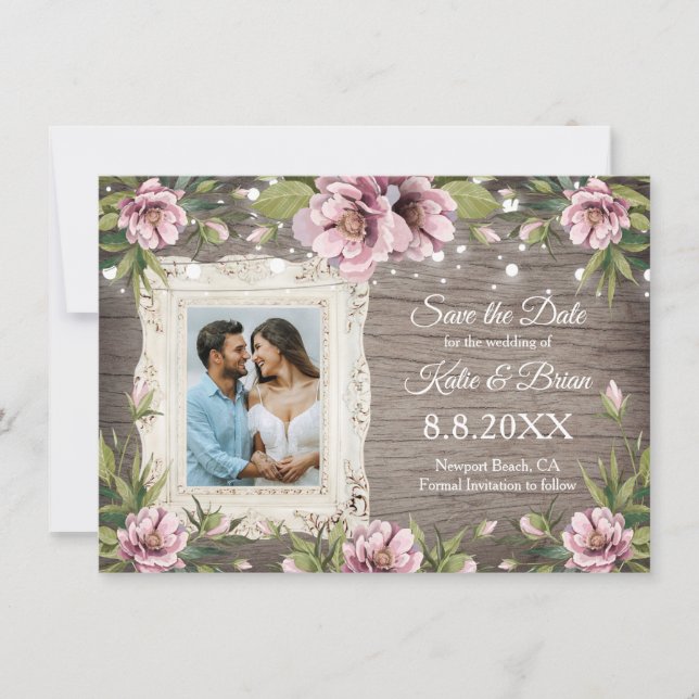 Invitation Rustic Wood Blush rose floral photo Enregistrer la (Devant)