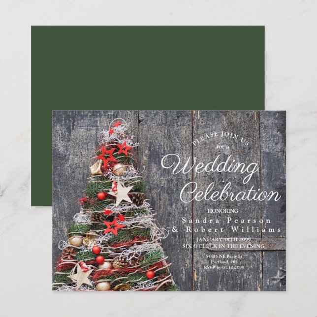 Invitation Rustic Wood Country Mariage d'arbre de Noël (Devant / Derrière)