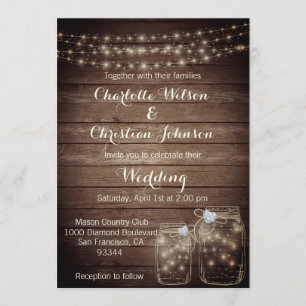 Invitation Rustic Wood Country Mason Jar Lights Mariage PHOTO