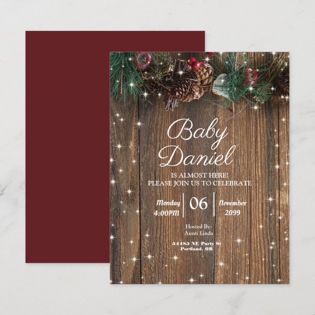 Invitation Rustic Wood Country Pine de Noël Garland Étincelle (Devant / Derrière)